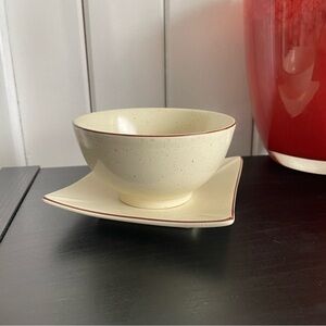 $5 DEAL Teacup & Saucer Vintage Retro Handleless Speckled Cream Brown Tan